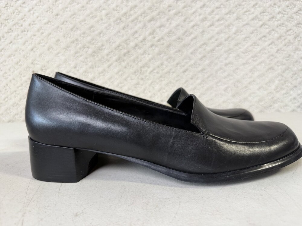 Liz Claiborne Limit Baby Black Calf Slip Ons Loafers Low Block Heel Size 10